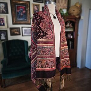 Paisley Pashmina Scarf Wrap Shawl Vintage Tassel Boho Maroon Gold 26x76 Large